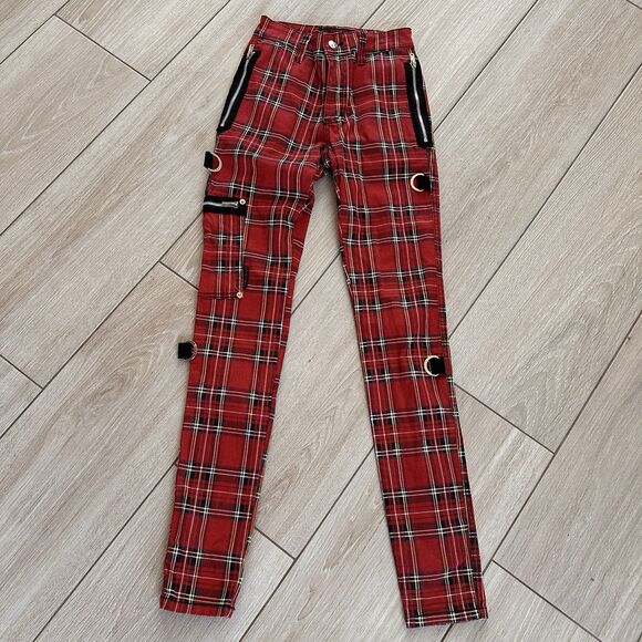 Vintage Tripp NYC Jeans Womens 24 Red Tartan Plaid Punk Goth Rocker Pants 90s - Picture 2 of 11
